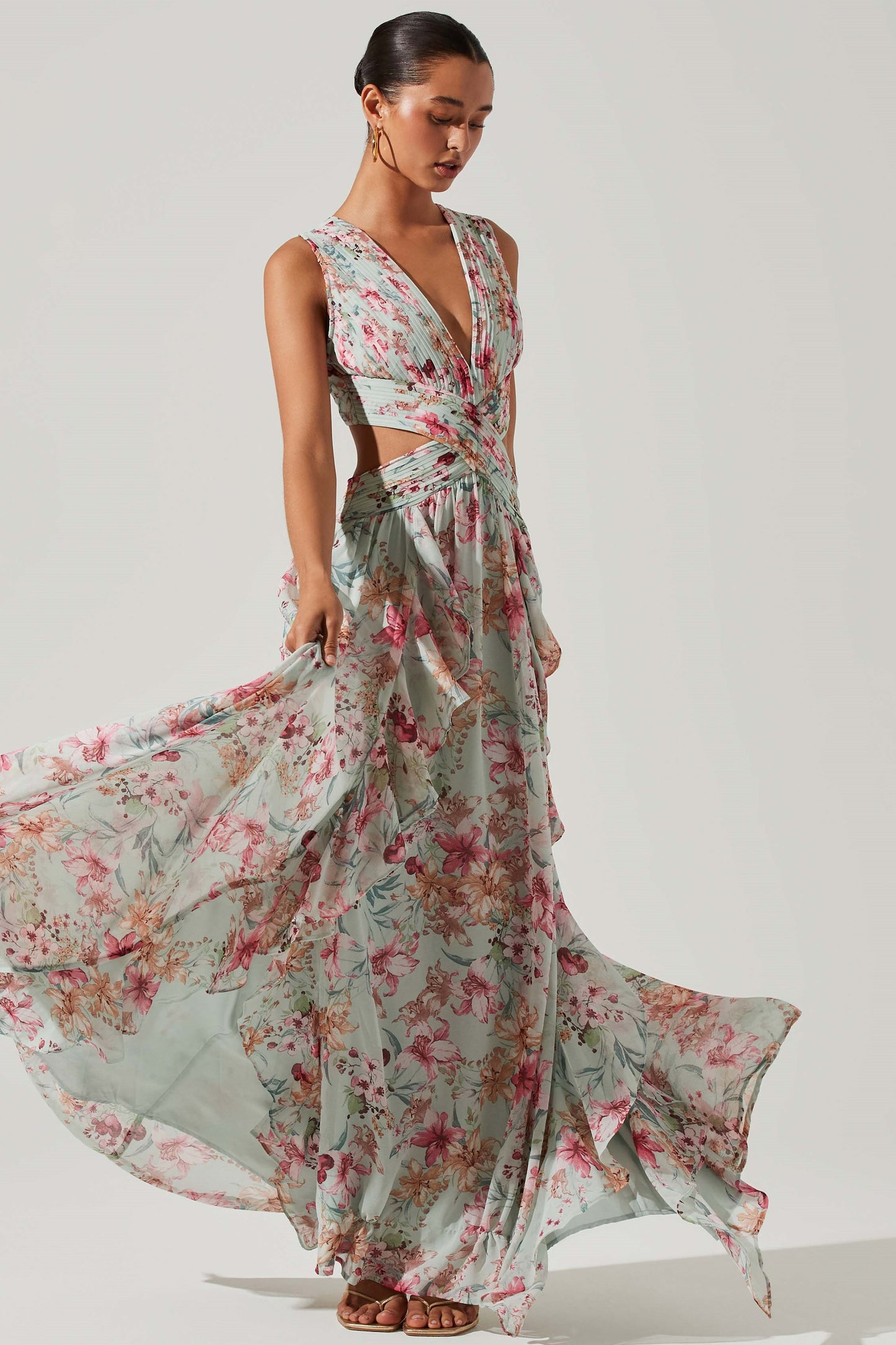 Floral V-Neck Pleated Cut-Out Ruffle Hem Maxi Dress