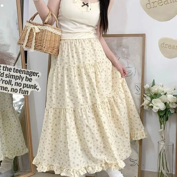 Floral A-Line Mid-Calf High Waist Skirt