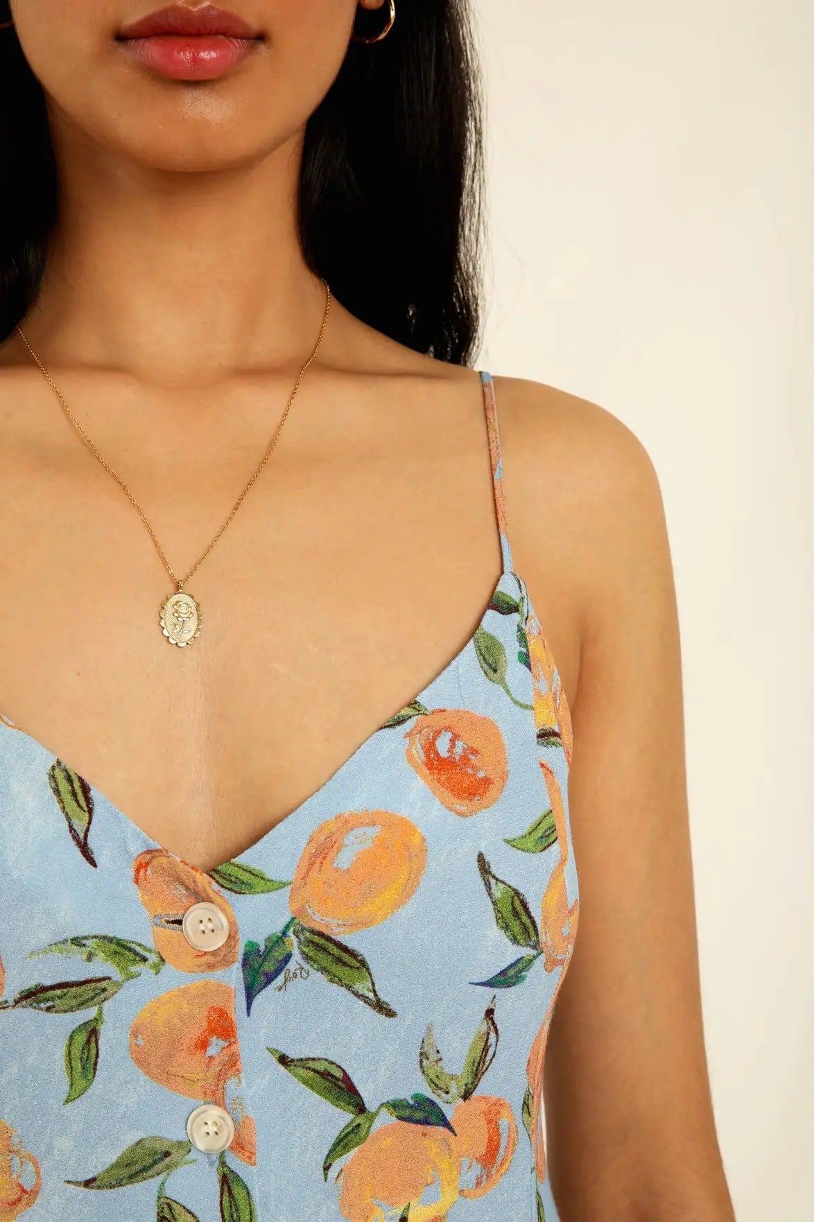 Fruit Print Cami V-Neck Buttoned Midi Dress