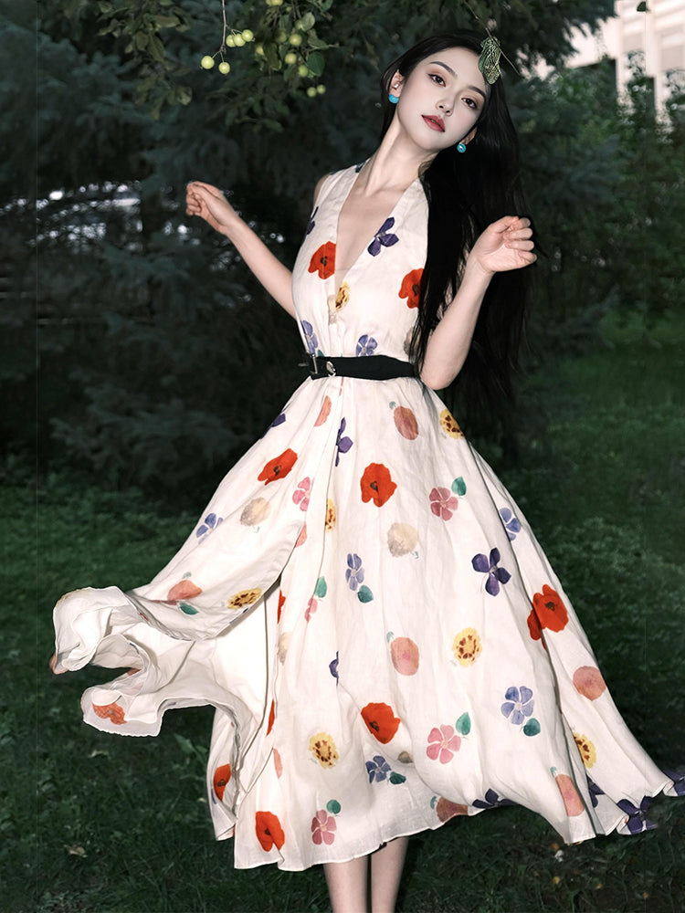 Floral Print Sleeveless Waist-cinching Dress