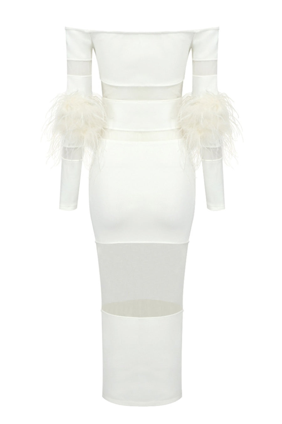 Genesis Off Shoulder Feather Mesh Midi Bandage Dress - White
