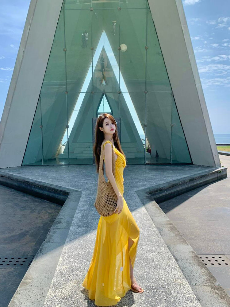 Golden Mesh Ruffle V-Neck Maxi Dress Flowing & Photogenic Beach Gown