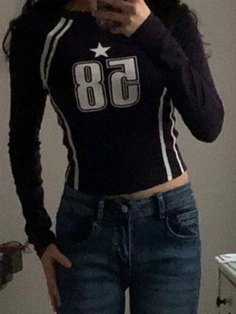 Gothic Open Umbilical Letter Printed Casual Long Sleeve Knit Top