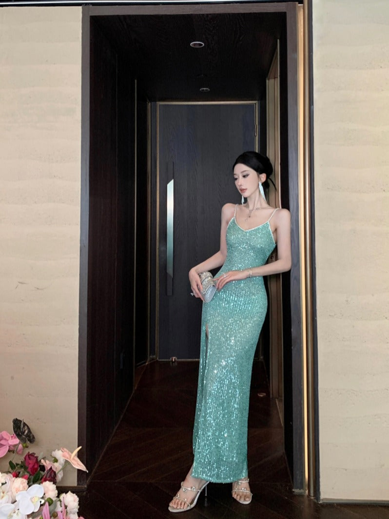 Green Sequin High-Slit Evening Dress Elegant Party & Formal Gown