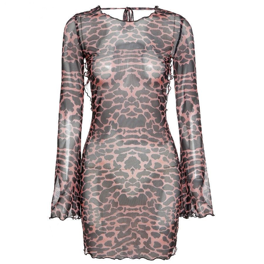 Mesh Backless Bell Sleeve Ruffle Hem Wildlife Print Mini Dress