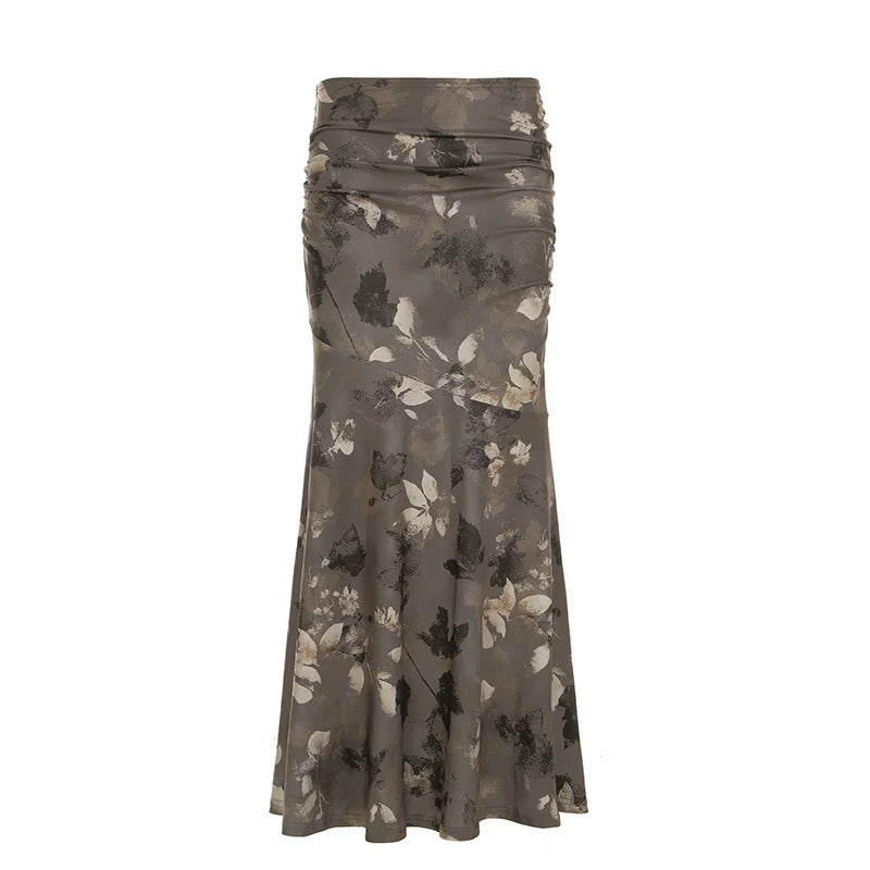 Vintage Floral Print Maxi Skirt Grunge Style 2000s
