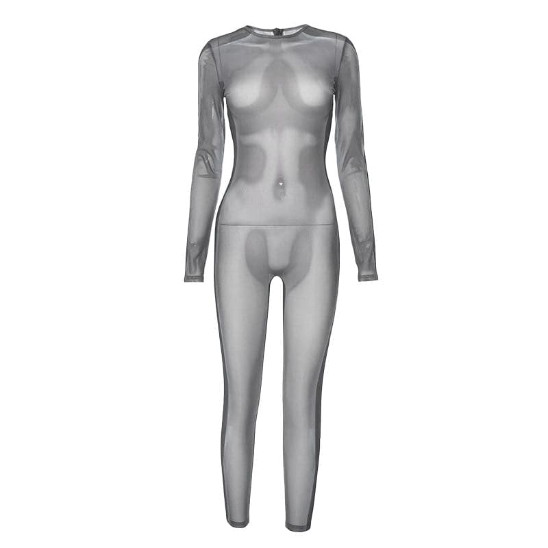 Long sleeve crewneck body print zip-up sheer mesh jumpsuit