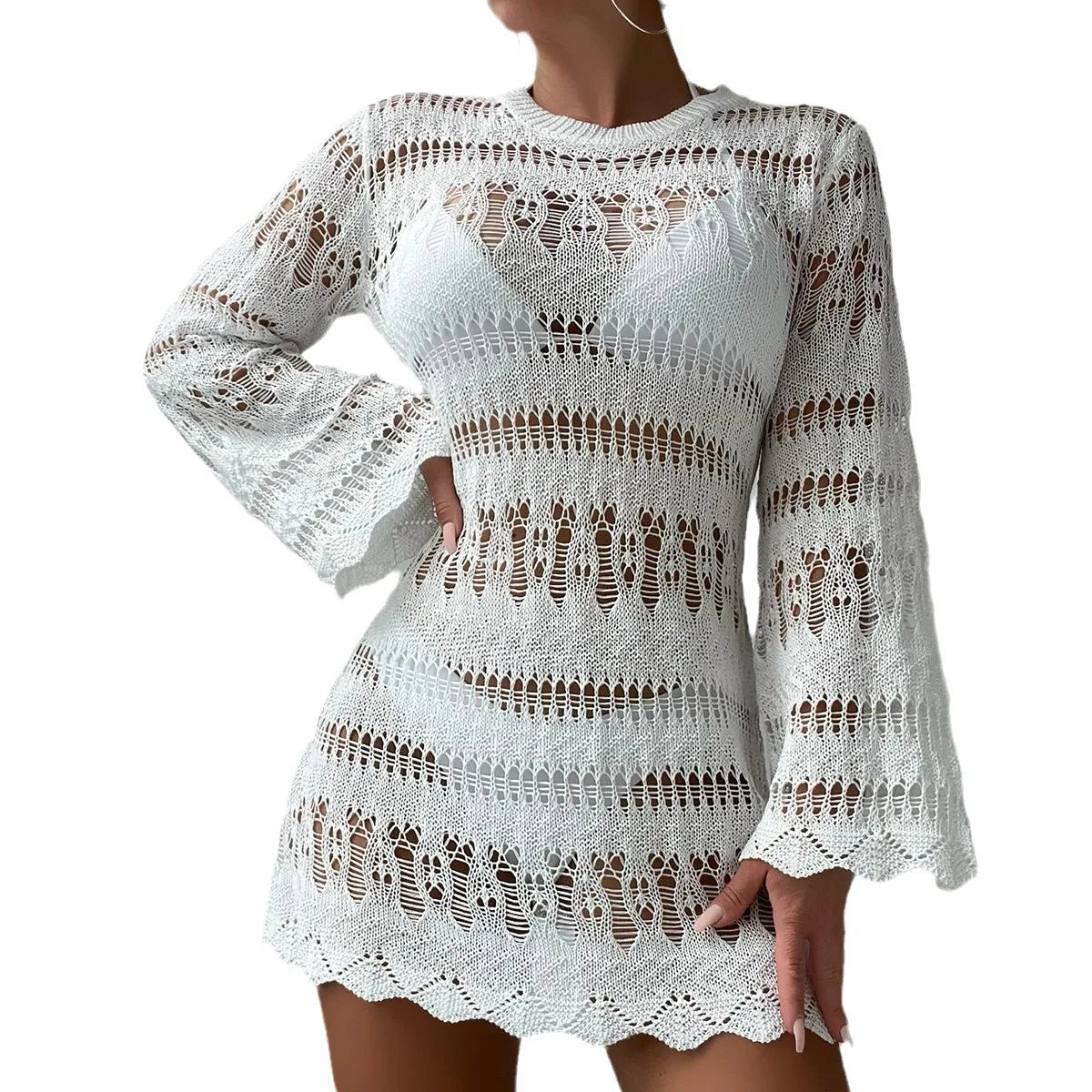 Knitted Hollow Out Sexy Backless Beach Mini Boho Dress Cover-up