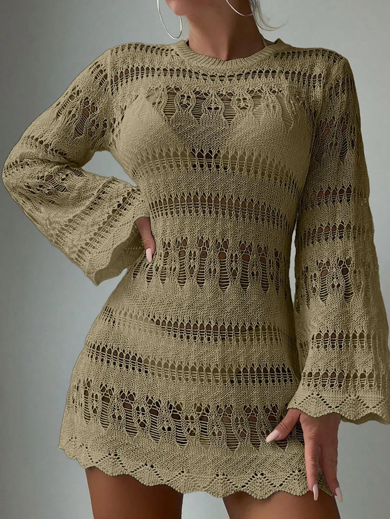 Knitted Hollow Out Sexy Backless Beach Mini Boho Dress Cover-up