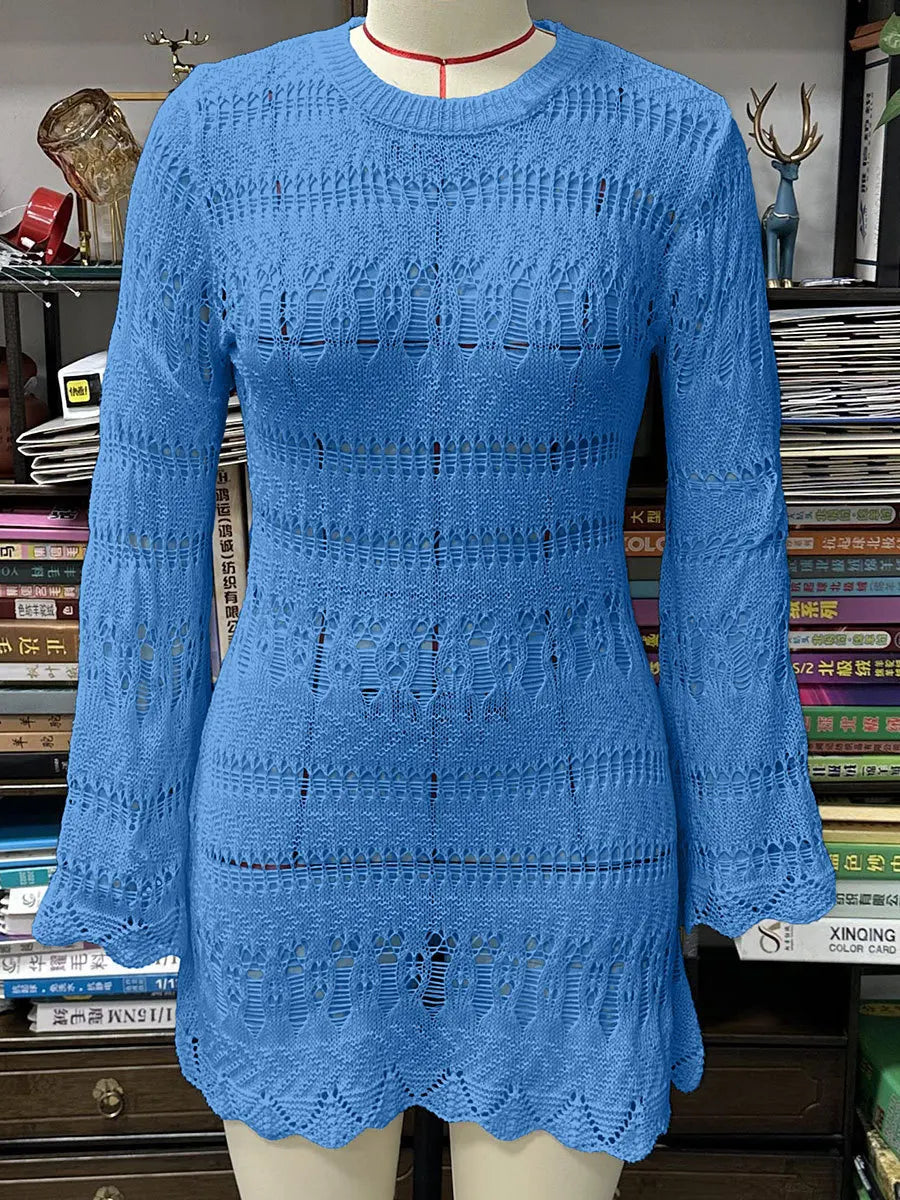Knitted Hollow Out Sexy Backless Beach Mini Boho Dress Cover-up