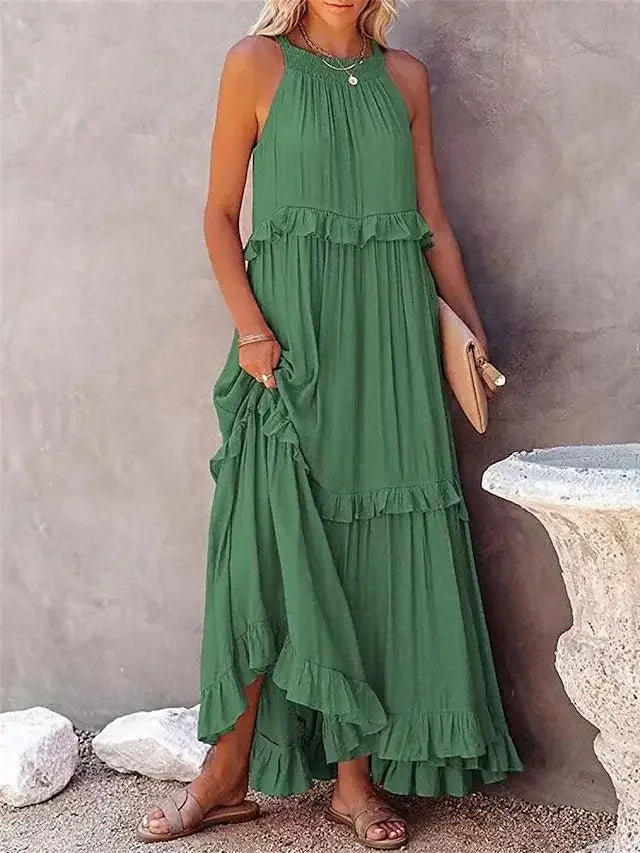 Ruffles Sexy Split Halter Sleeveless Big Hem Maxi Boho Dress