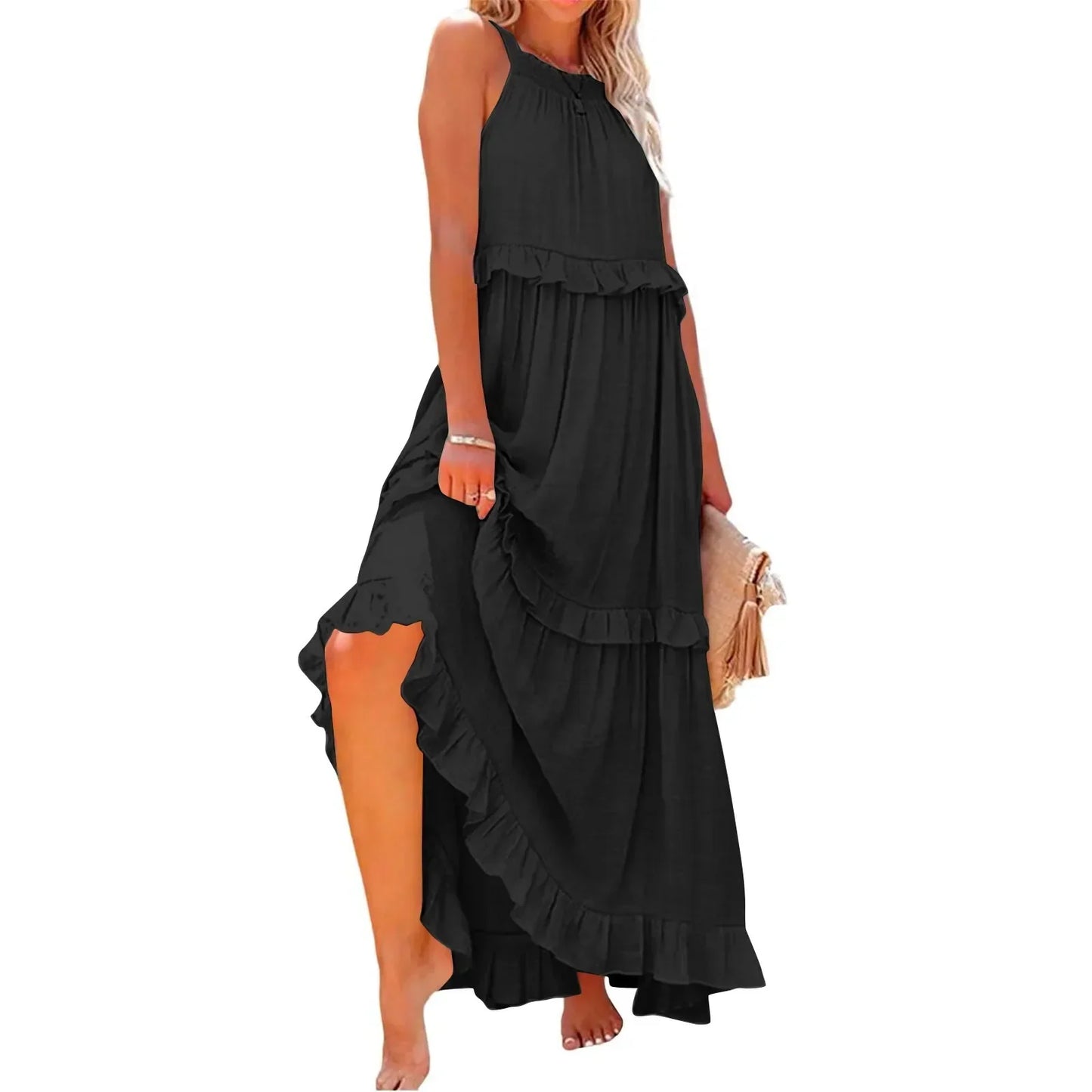 Ruffles Sexy Split Halter Sleeveless Big Hem Maxi Boho Dress