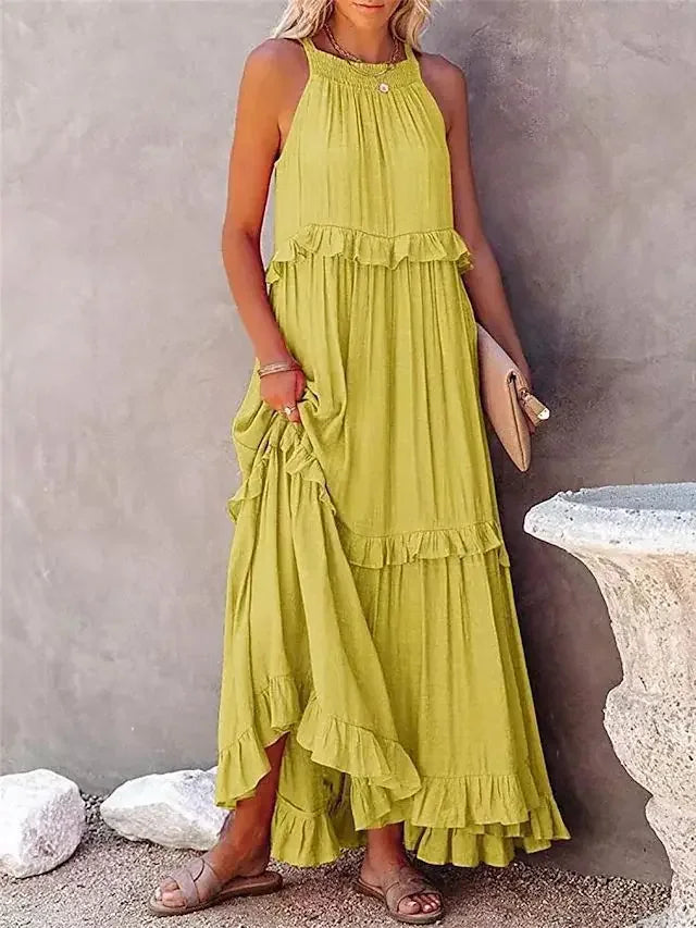 Ruffles Sexy Split Halter Sleeveless Big Hem Maxi Boho Dress