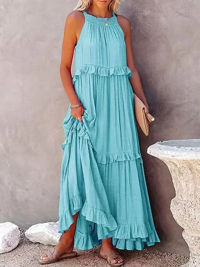 Ruffles Sexy Split Halter Sleeveless Big Hem Maxi Boho Dress