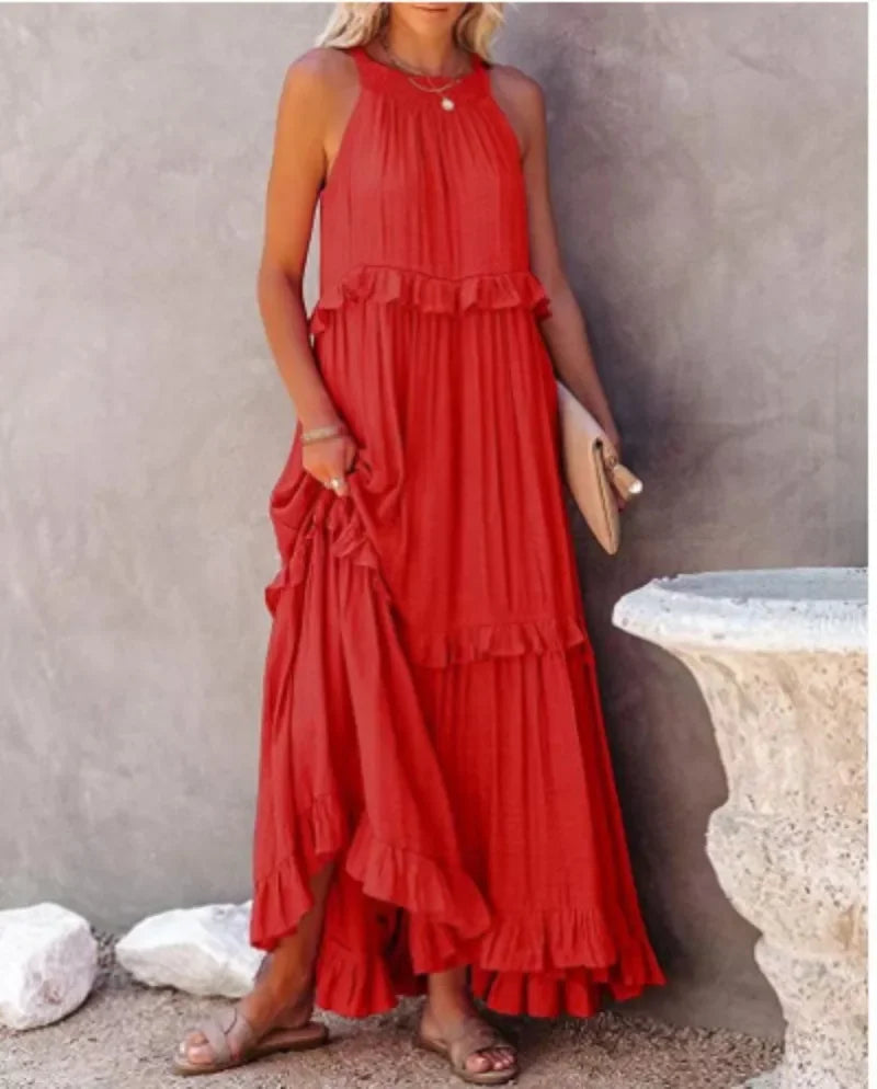 Ruffles Sexy Split Halter Sleeveless Big Hem Maxi Boho Dress