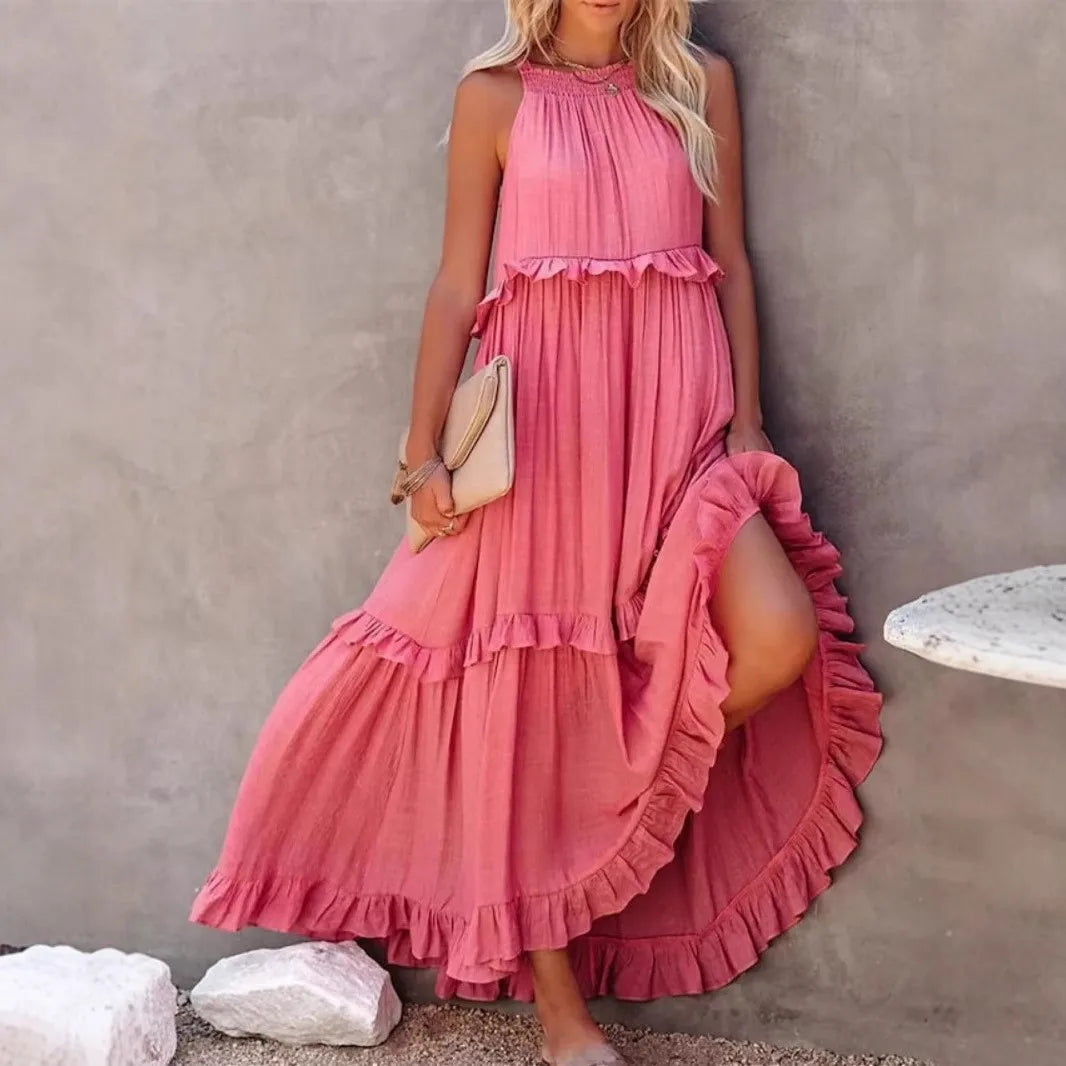 Ruffles Sexy Split Halter Sleeveless Big Hem Maxi Boho Dress