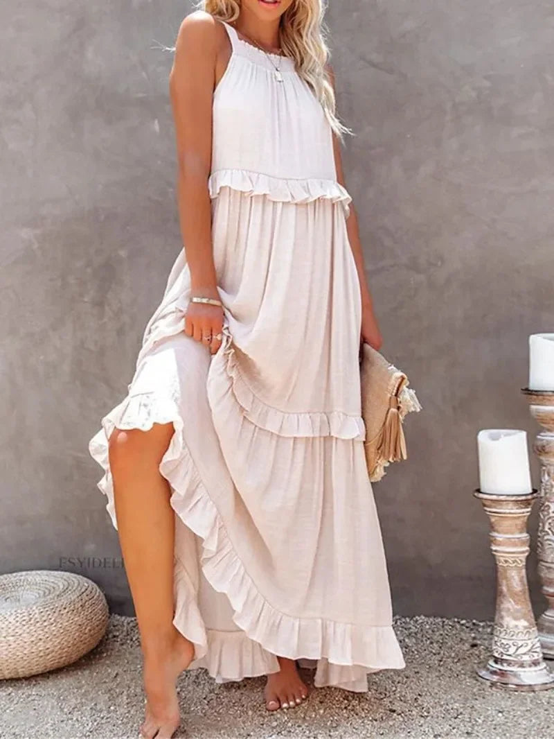 Ruffles Sexy Split Halter Sleeveless Big Hem Maxi Boho Dress