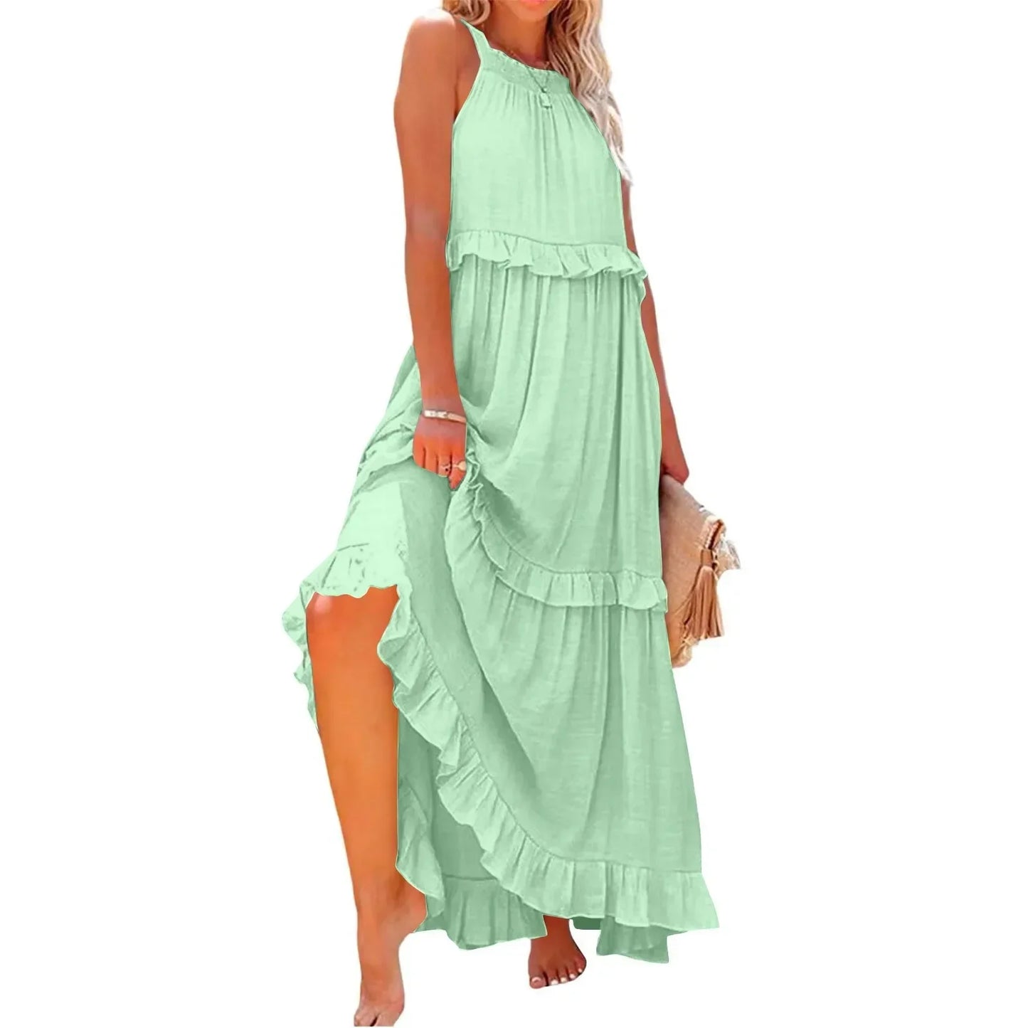 Ruffles Sexy Split Halter Sleeveless Big Hem Maxi Boho Dress