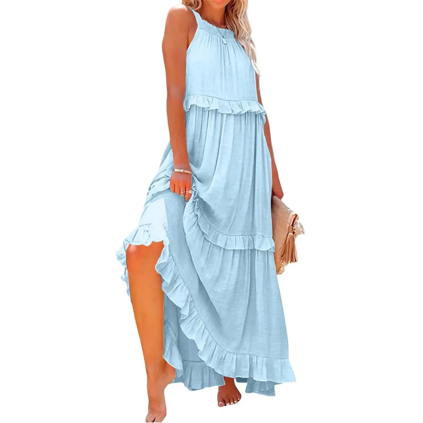 Ruffles Sexy Split Halter Sleeveless Big Hem Maxi Boho Dress