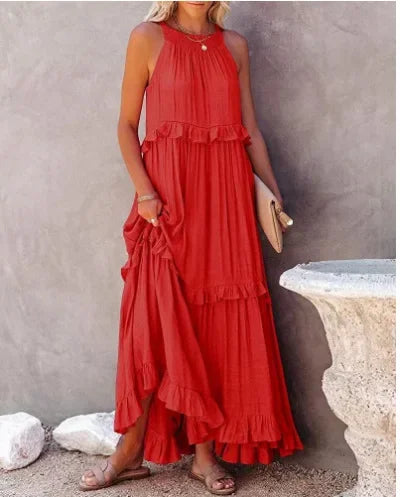 Ruffles Sexy Split Halter Sleeveless Big Hem Maxi Boho Dress