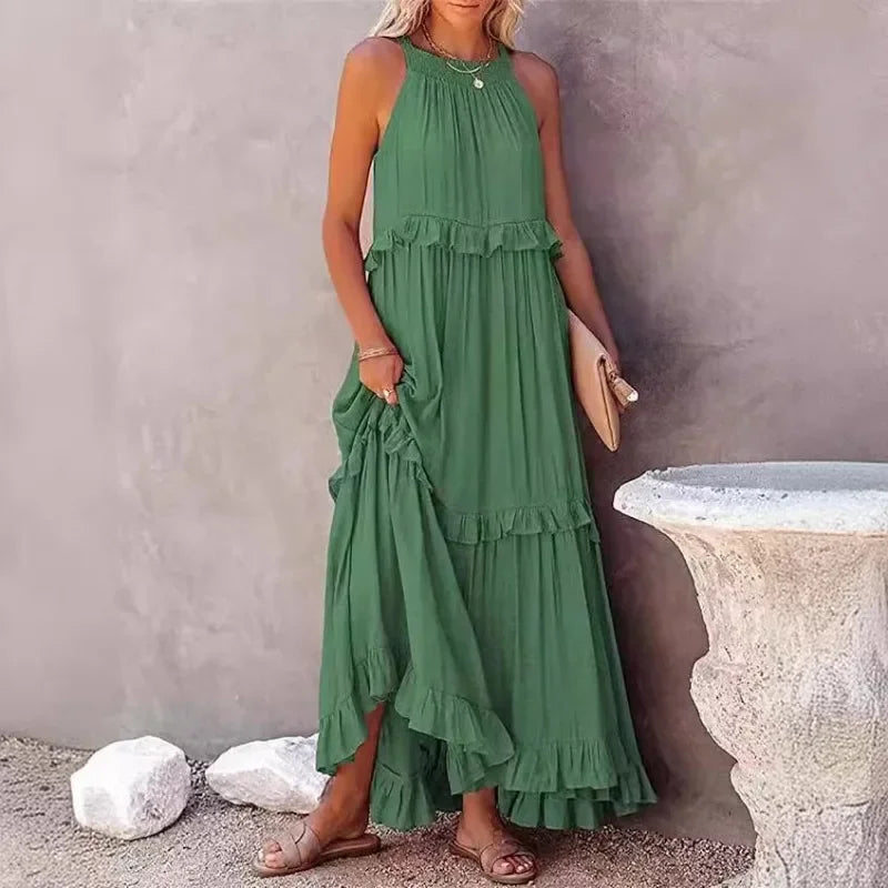Ruffles Sexy Split Halter Sleeveless Big Hem Maxi Boho Dress