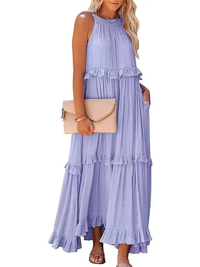 Ruffles Sexy Split Halter Sleeveless Big Hem Maxi Boho Dress