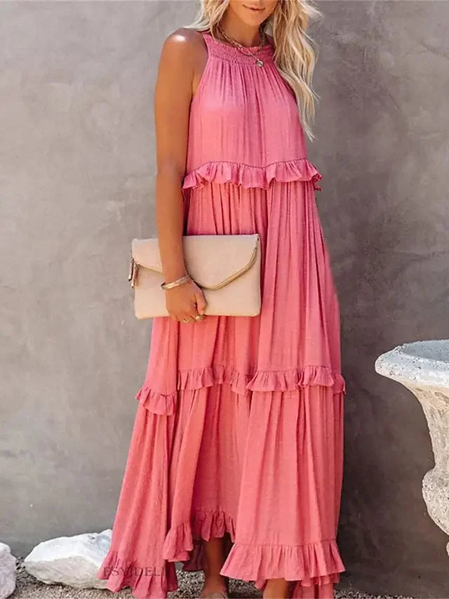 Ruffles Sexy Split Halter Sleeveless Big Hem Maxi Boho Dress