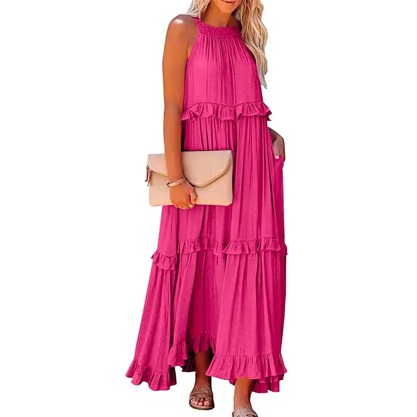Ruffles Sexy Split Halter Sleeveless Big Hem Maxi Boho Dress