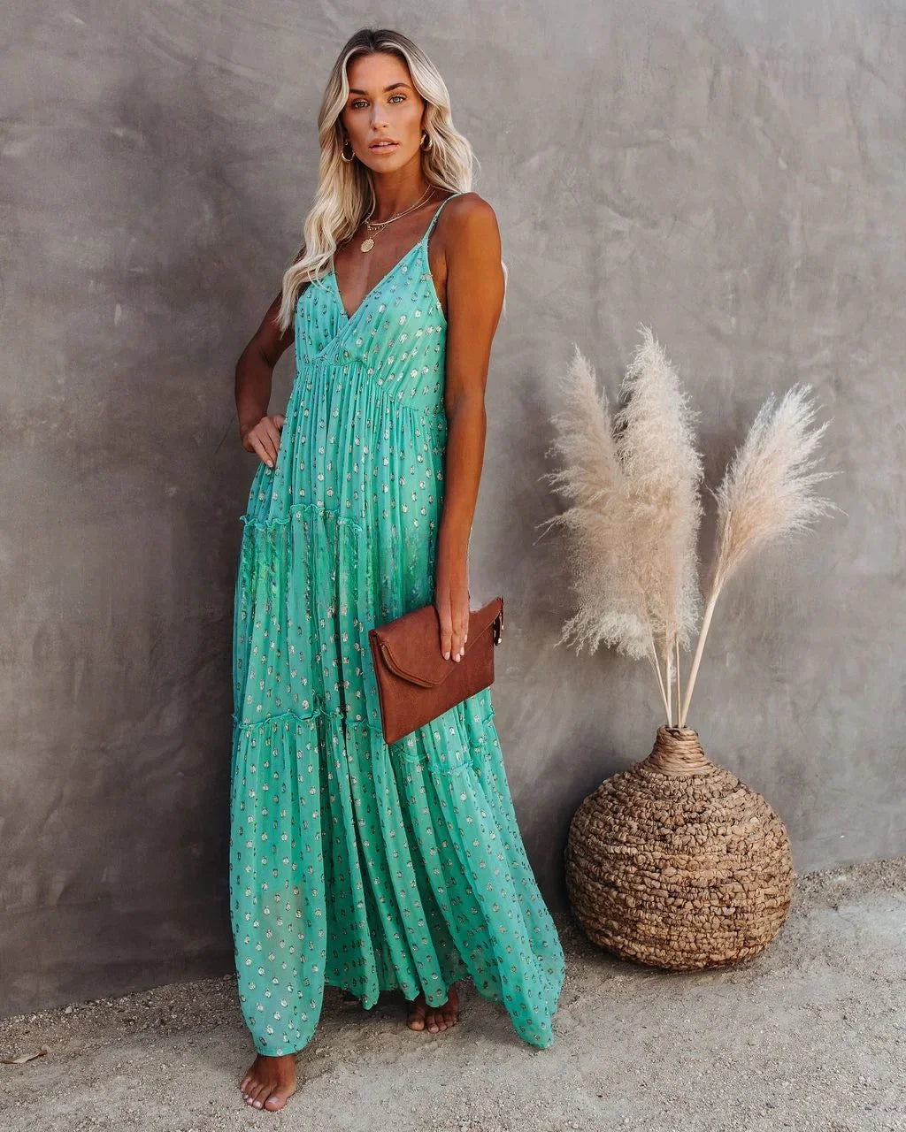 Sexy Split Big Hem Strapless Sleeveless Green Maxi Boho Dress
