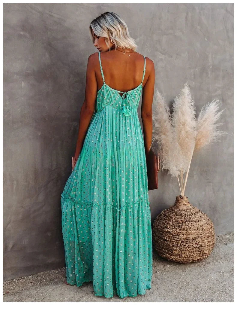 Sexy Split Big Hem Strapless Sleeveless Green Maxi Boho Dress