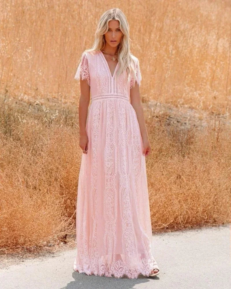 Deep V-neck Lace Hollow Out Vintage White Boho Dress