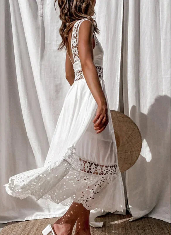 Lace Cotton Sleeveless White Hollow Out Maxi Boho Sundress