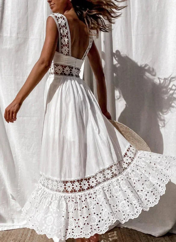 Lace Cotton Sleeveless White Hollow Out Maxi Boho Sundress