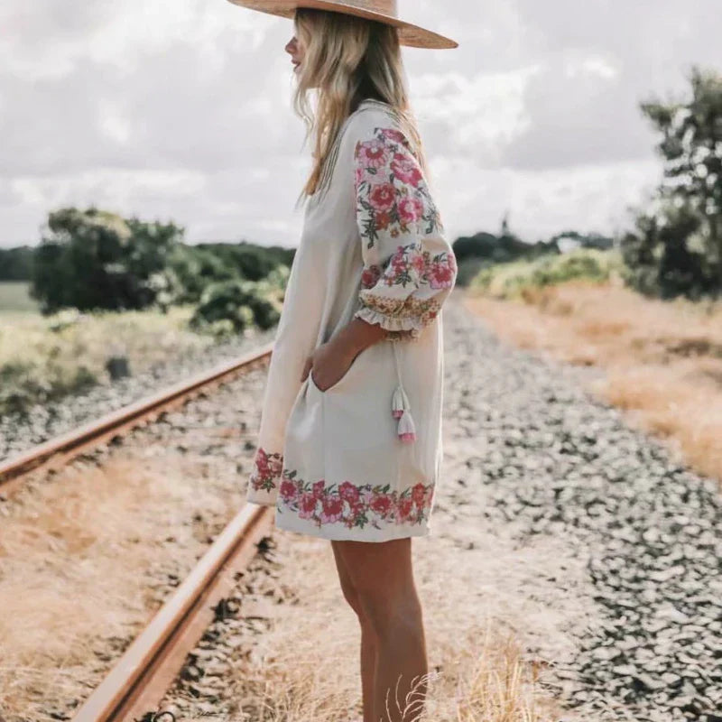 Floral Print Linen Cotton Mini V-neck Summer Boho Dress