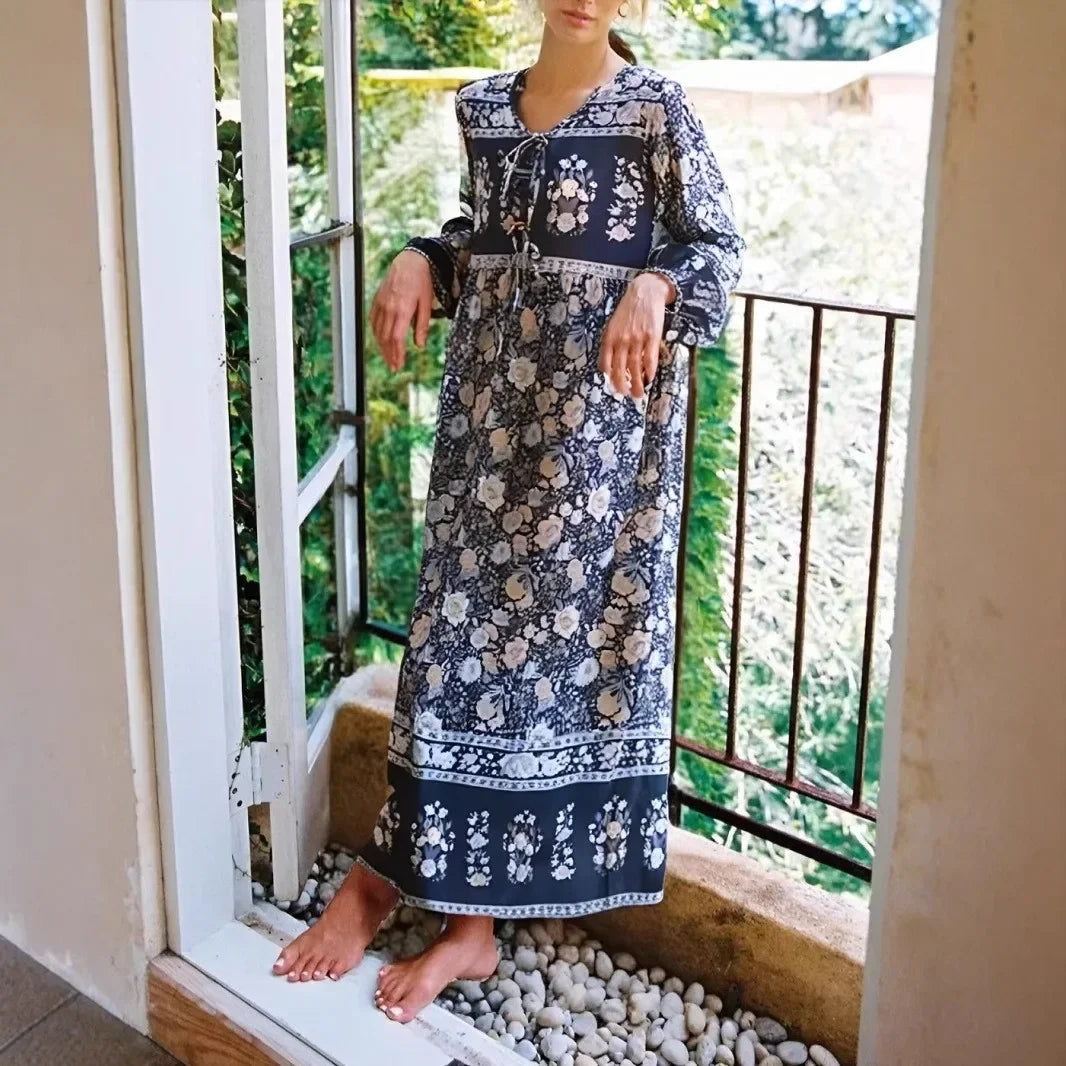 Grey Floral Print Lantern Sleeve Tassel Vintage Maxi Boho Dress