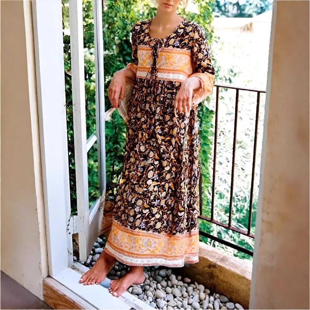 Multi Floral Print Tie Neck Tassel Vintage Bohemian Maxi Dress