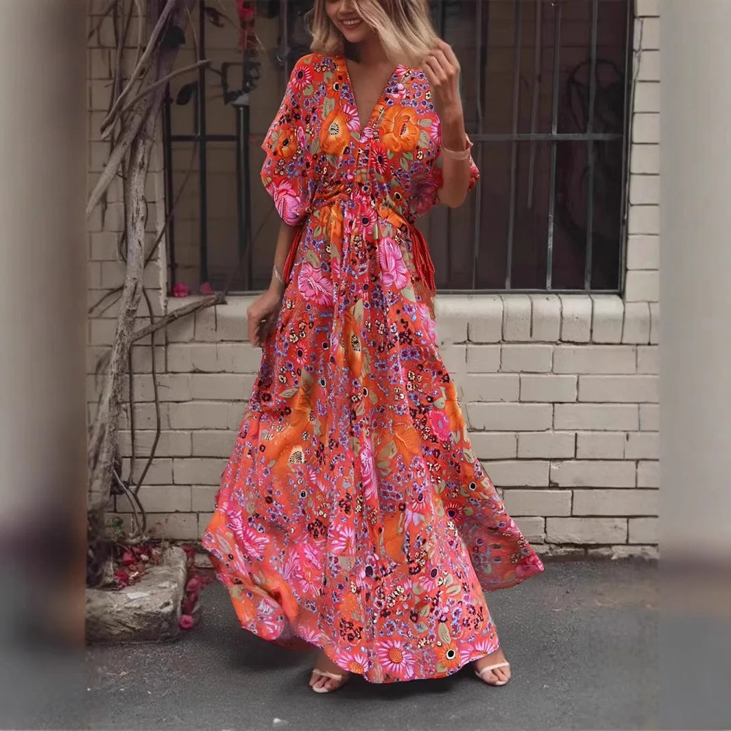 Red Floral Batwing Sleeve Rayon Cotton Maxi Boho Dress