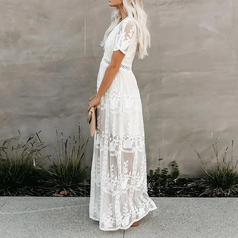 Lace Embroidery Patchwork Long Sleeve White Boho Dress