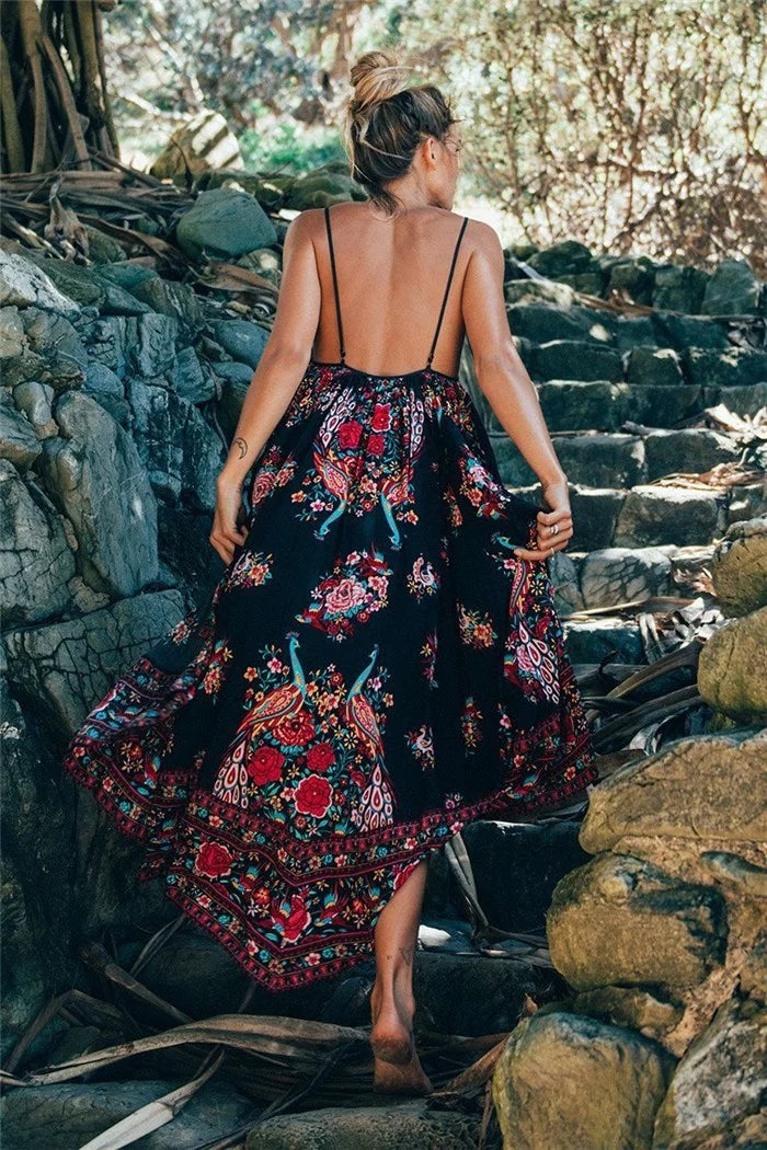 Peacock Floral Print Sleeveless Beach Bohemian Maxi Boho Dress