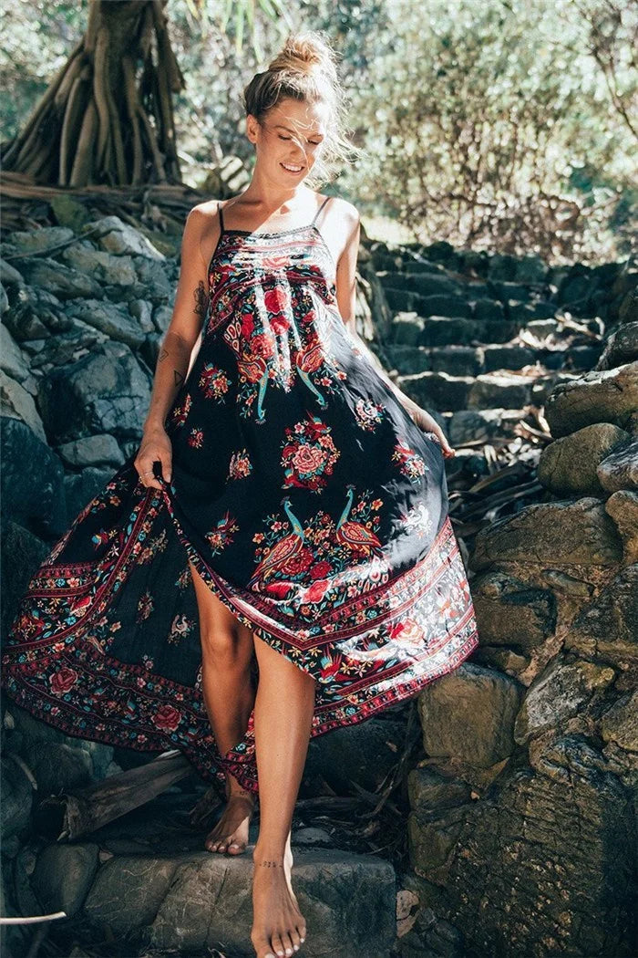 Peacock Floral Print Sleeveless Beach Bohemian Maxi Boho Dress