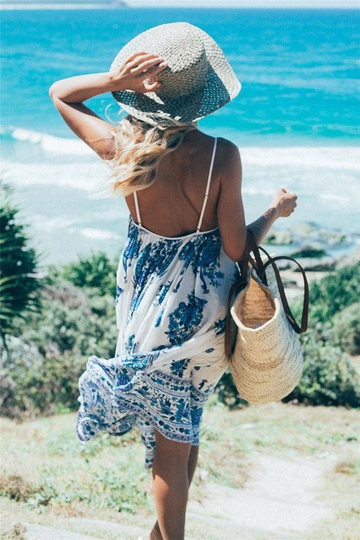 Peacock Floral Print Sleeveless Beach Bohemian Maxi Boho Dress