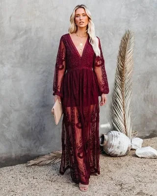 V-neck Long Sleeve Ruffles Hollow Out Maxi Boho Dress