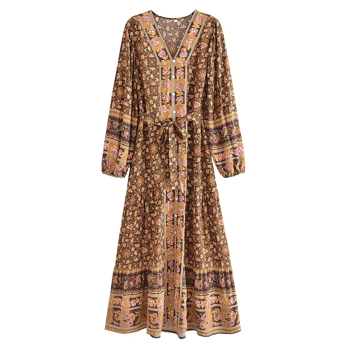 Deep V-neck Floral Long Sleeve Cotton Boho Dress