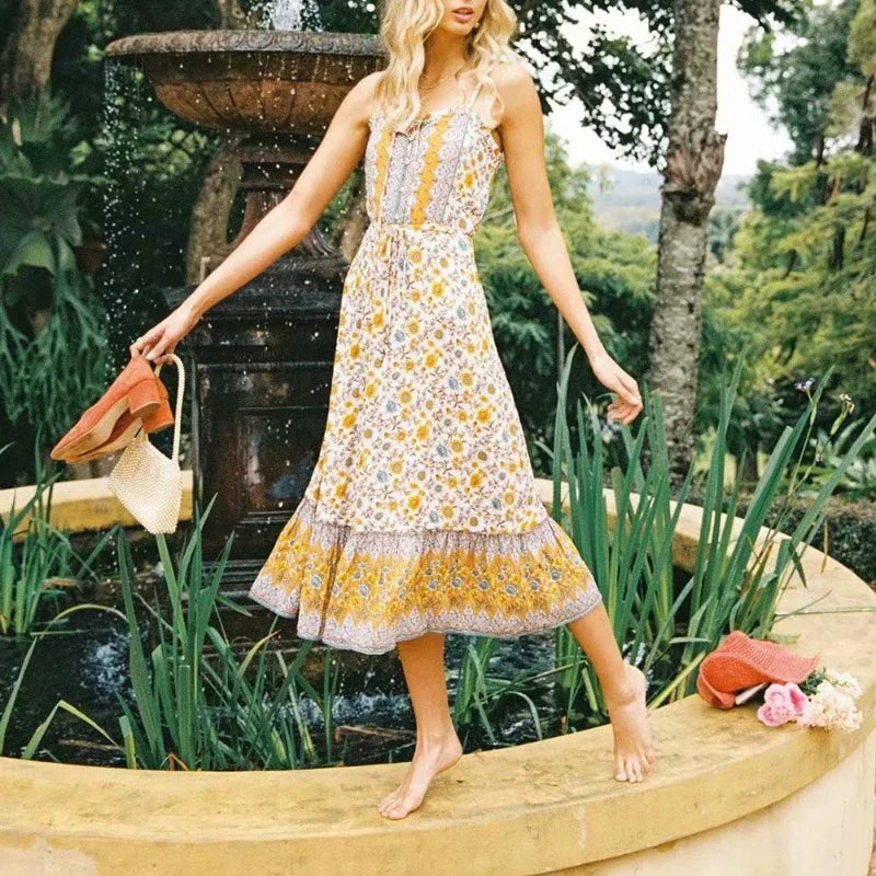 Elegant Sleeveless Floral Rayon Cotton Midi Boho Dress