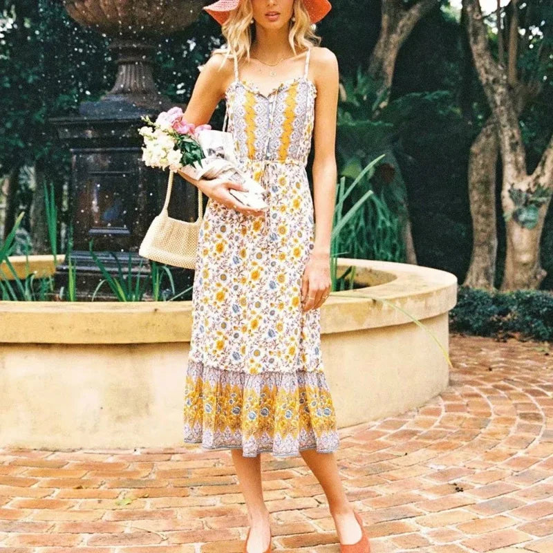 Elegant Sleeveless Floral Rayon Cotton Midi Boho Dress