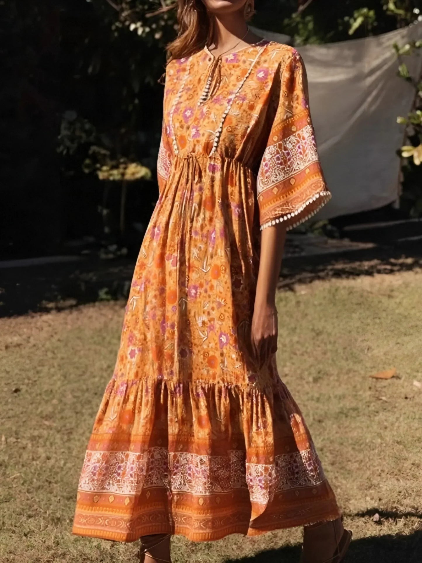 Floral Print Batwing Sleeve Tassel Rayon Maxi Boho Dress