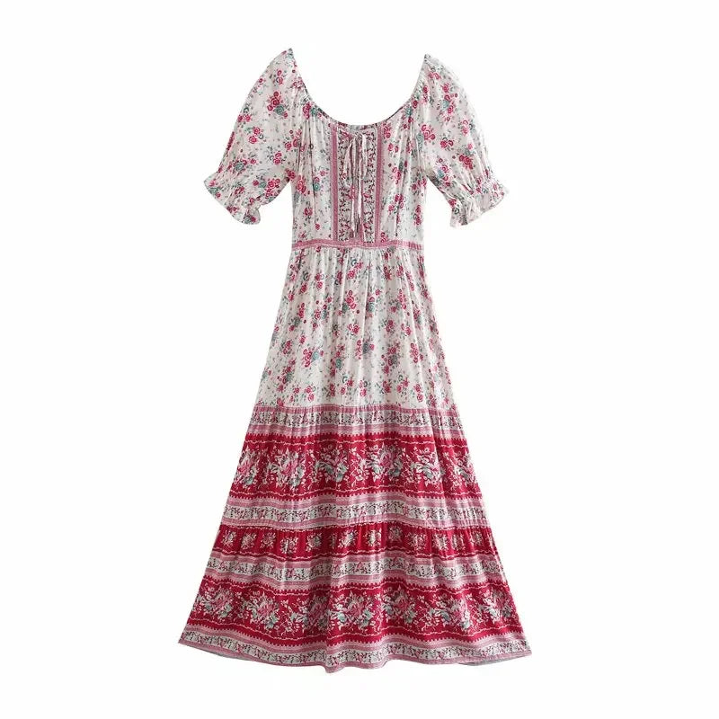 Floral Print V-neck Button Pleated Rayon Boho Dress
