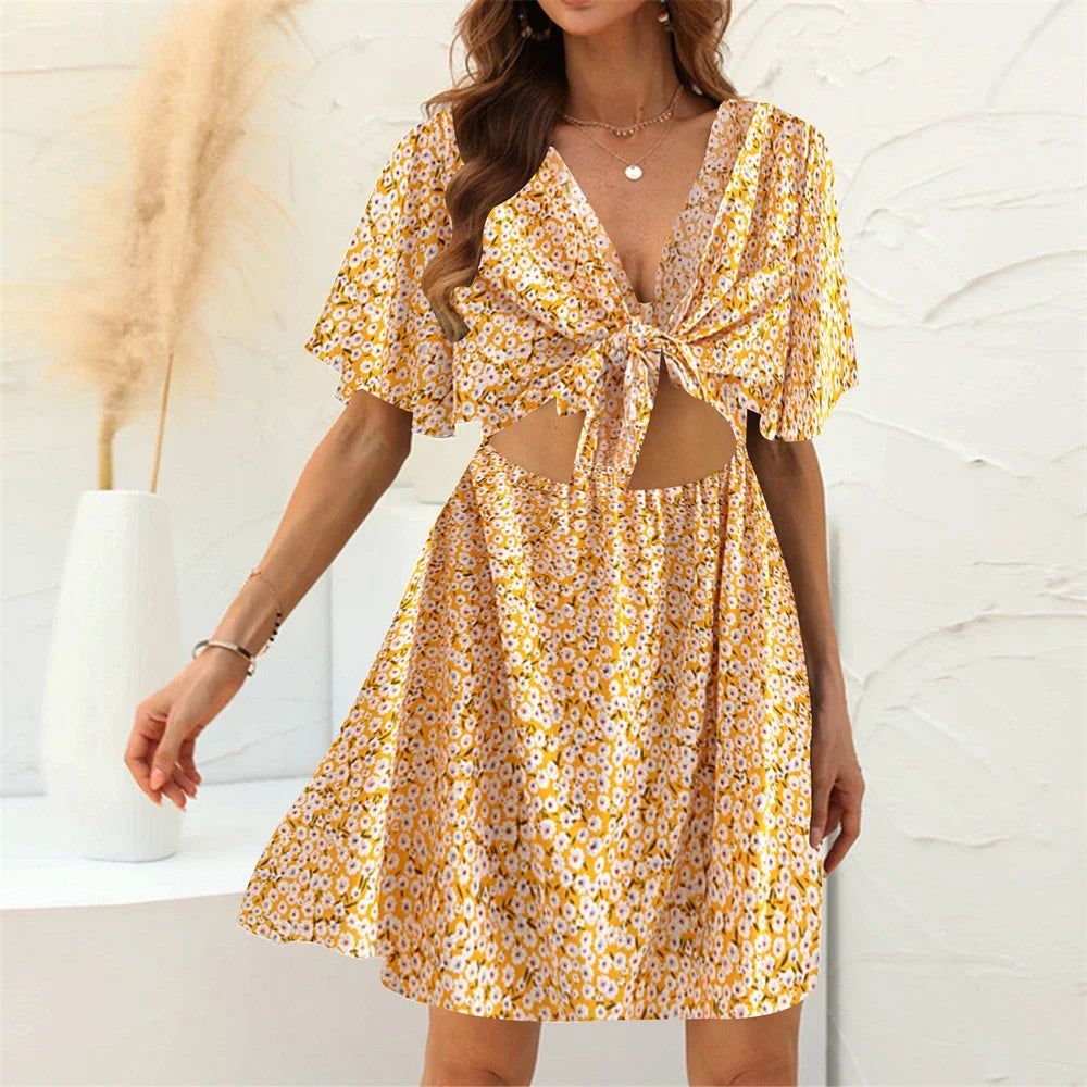 Floral Print Rayon Deep Bow Neck Short Sleeve Sexy Hollow Out Mini Boho Dress