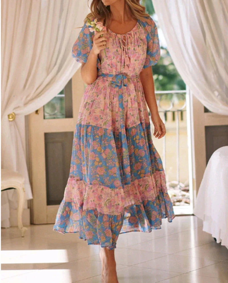 Floral Print Short Sleeve O-neck Sashes Tassel Boho Dress