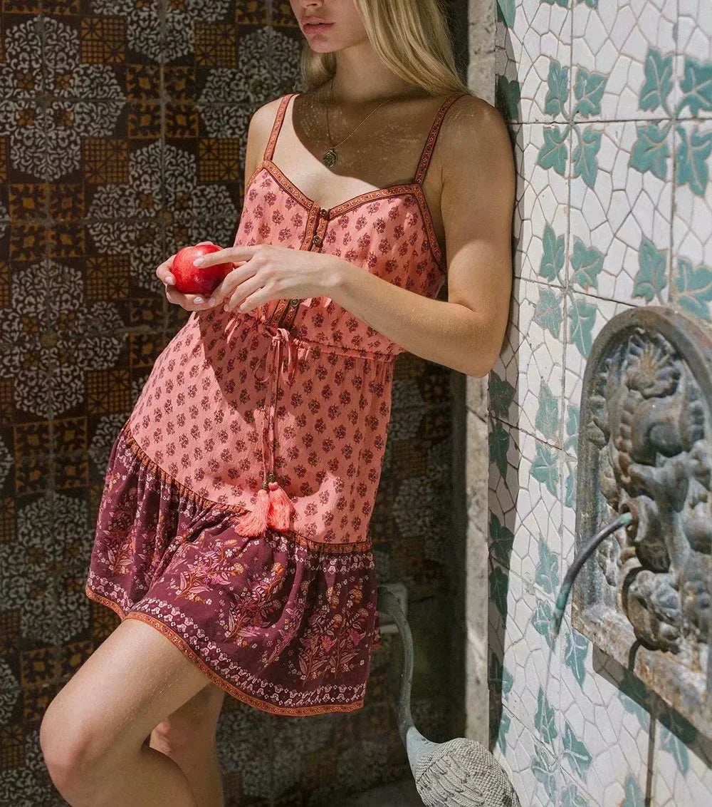 Floral Print Sleeveless Elastic Waist Strapless Rayon Boho Dress